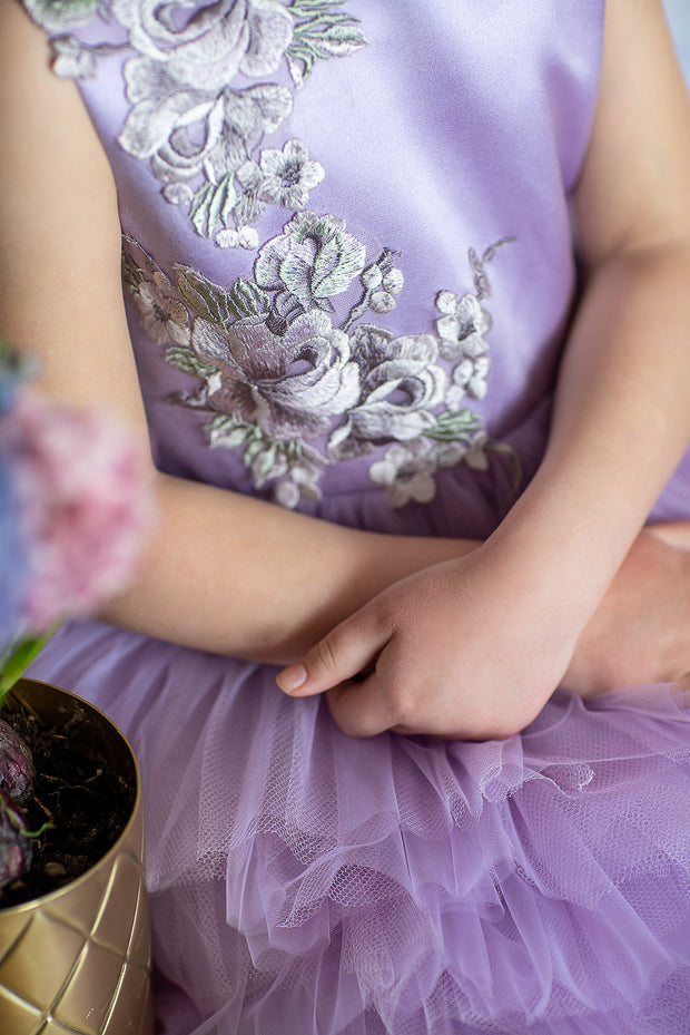 handmade, bright purple flower girl dress with multi-layer tulle skirt and floral embroidery