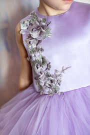 handmade, bright purple flower girl dress with multi-layer tulle skirt and floral embroidery