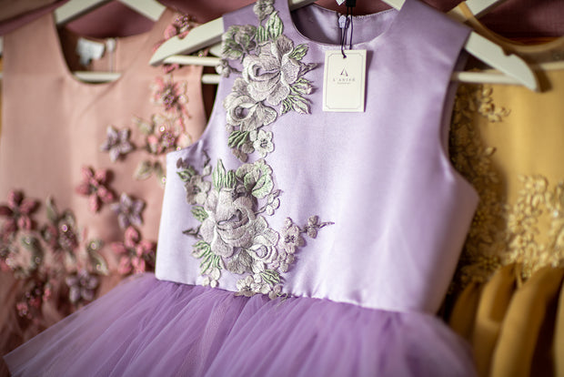 handmade, bright purple flower girl dress with multi-layer tulle skirt and floral embroidery