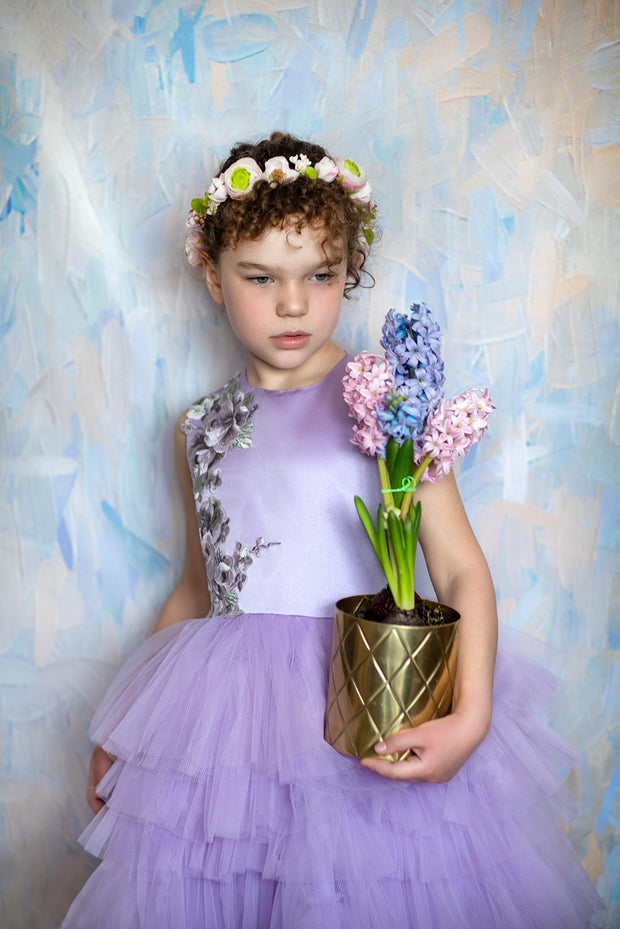 handmade, bright purple flower girl dress with multi-layer tulle skirt and floral embroidery