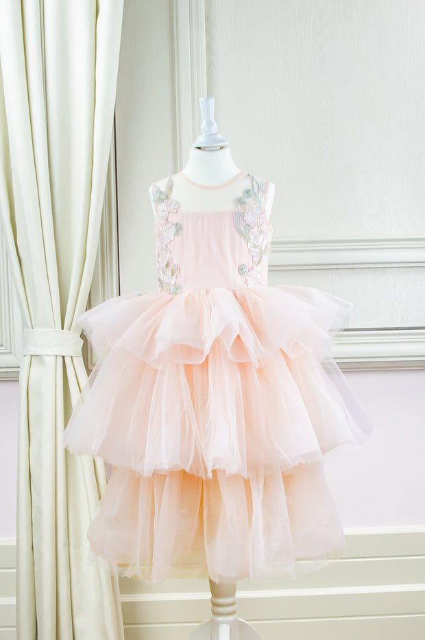 handmade, midi soft apricot tulle princess girl dress with multi-layer tulle skirt and floral embroidery