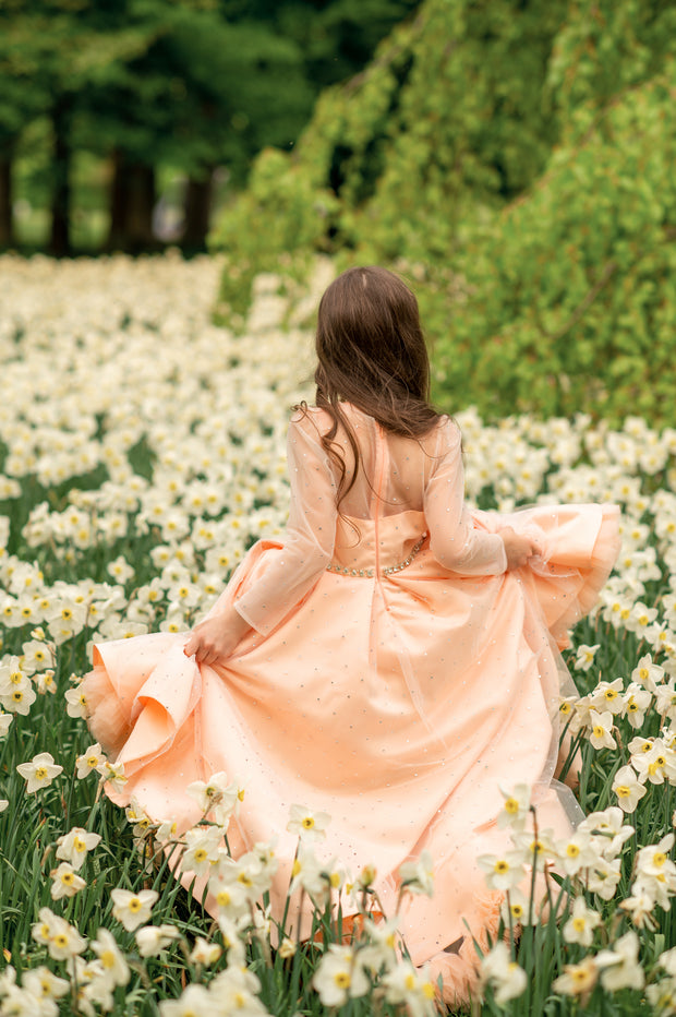 Kleid zum Mieten - Apricot Vokuhila Mädchenkleid mit Strasssteinen