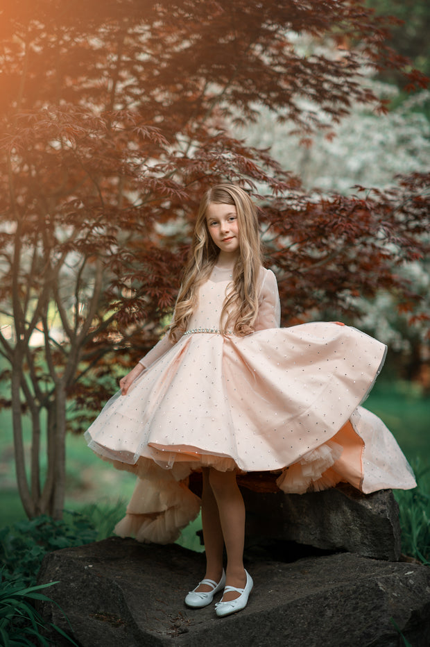 Sparkly high-low hemline girl dress with a satin skirt, satin train, long tulle sleeves and all-over rhinestone embellishments.