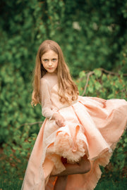 Kleid zum Mieten - Apricot Vokuhila Mädchenkleid mit Strasssteinen