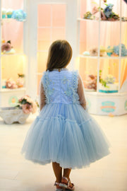 Princess girl dress in baby blue with a voluminous, multi-layer tulle skirt, long, transparent tulle sleeves and satin top with pastel coloured floral embroidery. For Special occasions: Wedding, Birthday party, Prom, Flower girl, Eid, and other events.