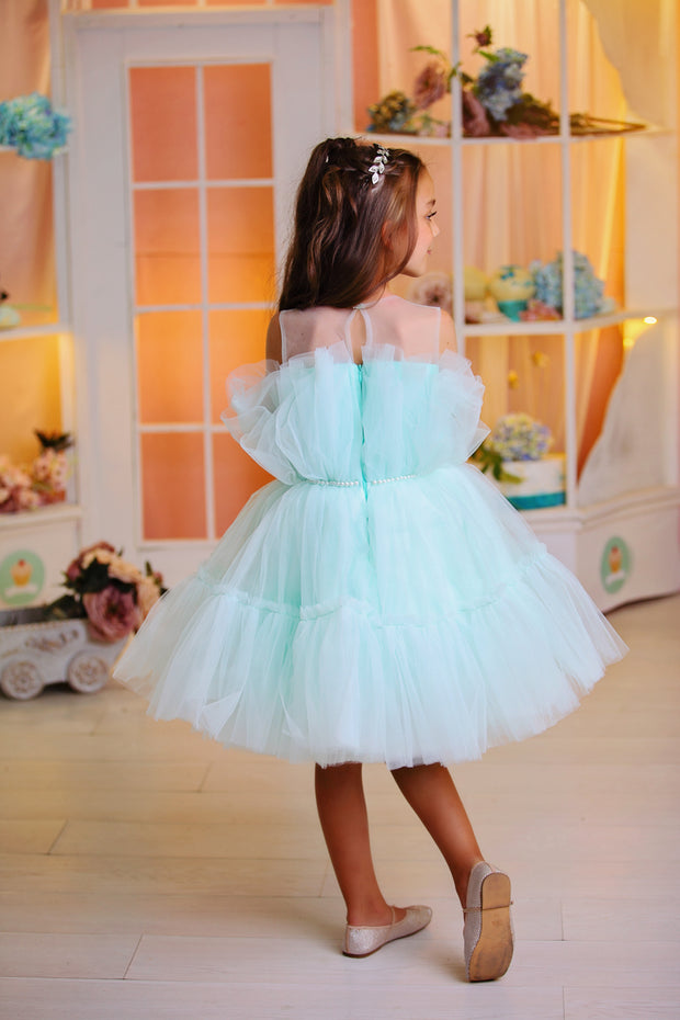 Knee-length elegant girl dress in a light blue colour with a voluminous tulle skirt and top embellished with a pearl ribbon at the waistline. For special occasions: Wedding, Birthday party, Prom, Flower girl, Eid, and other events.