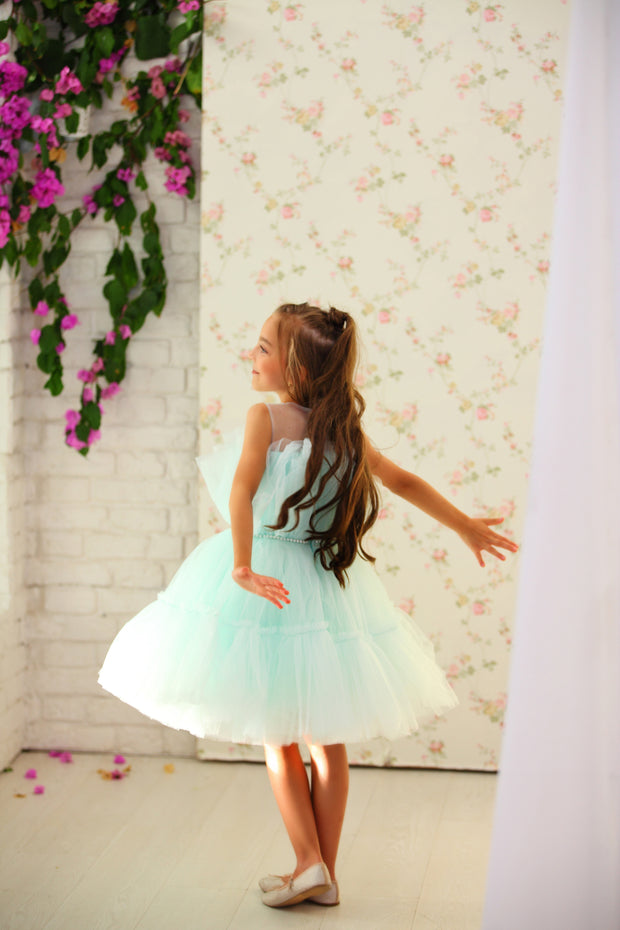 Knee-length elegant girl dress in a light blue colour with a voluminous tulle skirt and top embellished with a pearl ribbon at the waistline. For special occasions: Wedding, Birthday party, Prom, Flower girl, Eid, and other events.