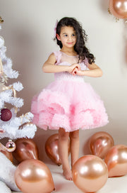 Festive barbie pink girl dress with pearls and tulle ruffles. The dress is for holiday season, Christmas, New Year, weddings, Eid, birthdays, parties, flower girls and other special formal events and occasions.