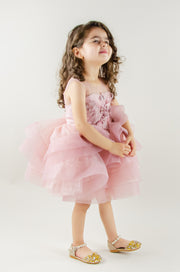 handmade, pink baby girl tutu dress in a blush pink colour, with voluminous tulle skirt, satin top and floral embroidery, for flower girl, wedding, girl birthday.