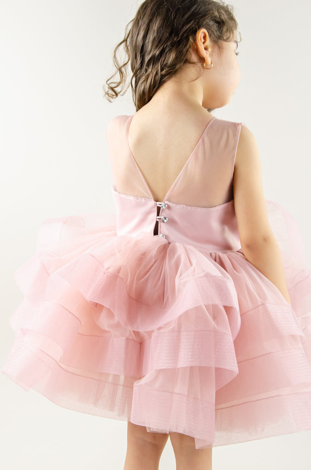 handmade, pink baby girl tutu dress in a blush pink colour, with voluminous tulle skirt, satin top and floral embroidery, for flower girl, wedding, girl birthday.