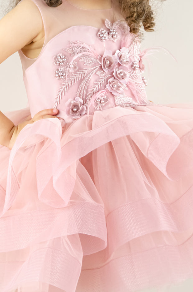 Kleid zum Mieten - Hellrosa Tutu-Kleid für Mädchen mit Blumenstickerei