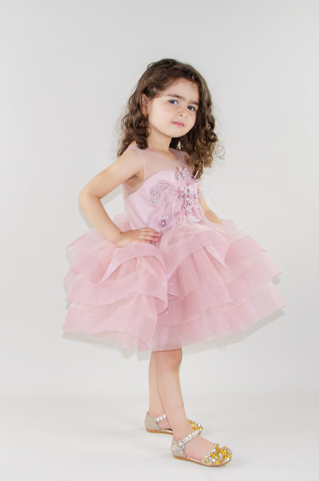 handmade, pink baby girl tutu dress in a blush pink colour, with voluminous tulle skirt, satin top and floral embroidery, for flower girl, wedding, girl birthday.