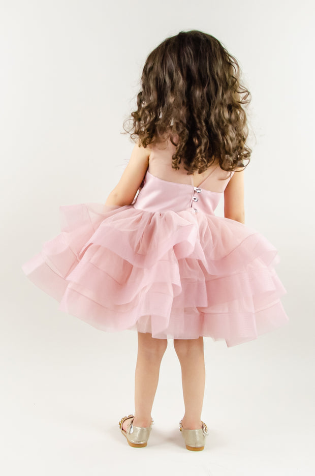 handmade, pink baby girl tutu dress in a blush pink colour, with voluminous tulle skirt, satin top and floral embroidery, for flower girl, wedding, girl birthday.