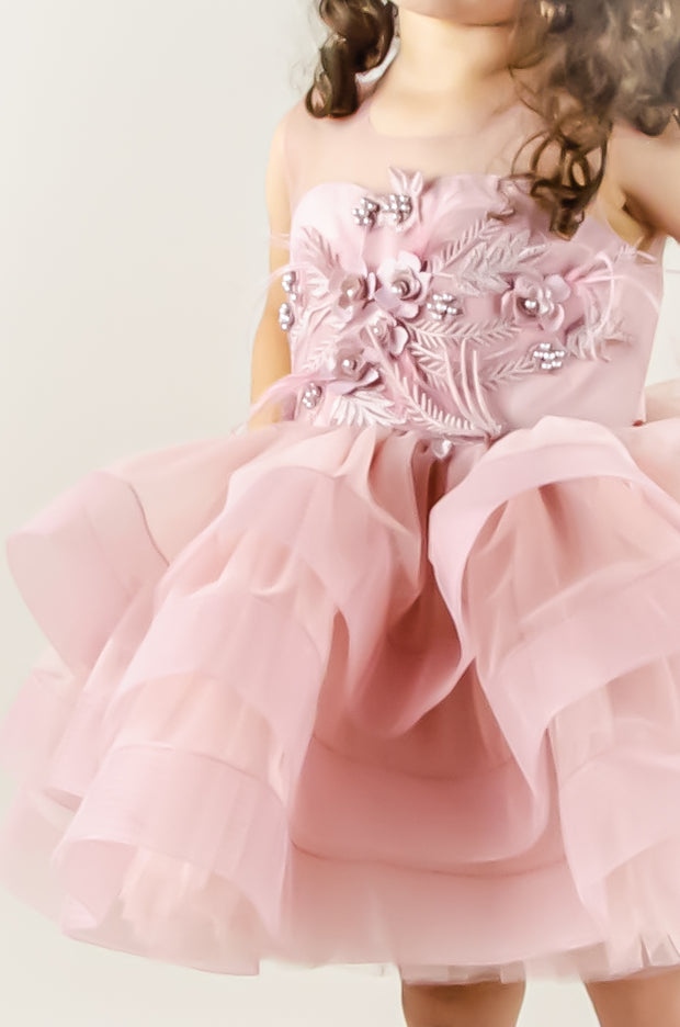 Kleid zum Mieten - Hellrosa Tutu-Kleid für Mädchen mit Blumenstickerei