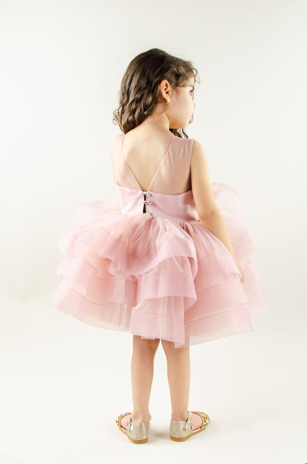 handmade, pink baby girl tutu dress in a blush pink colour, with voluminous tulle skirt, satin top and floral embroidery, for flower girl, wedding, girl birthday.