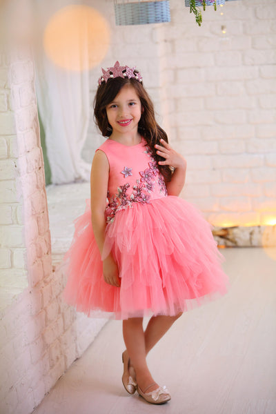 Handmade short pink flower girl dress with a multi-layered tutu skirt and top hand-embroidered with flowers and pearls, for flower girls, fairy costume, birthdays and weddings