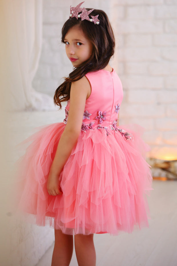 Handmade short pink flower girl dress with a multi-layered tutu skirt and top hand-embroidered with flowers and pearls, for flower girls, fairy costume, birthdays and weddings