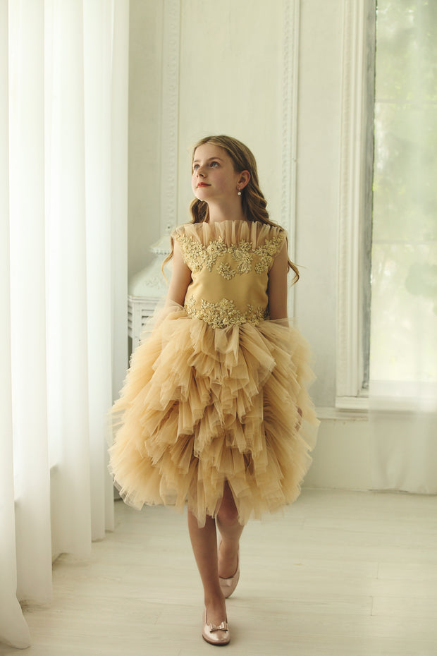 Unique, handmade beige gold girl tulle dress for special occasions, ruffled tulle skirt, ruffled neckline and satin top with flower and pearl embellishments, midi length