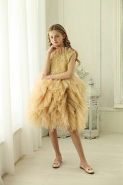 Unique, handmade beige gold girl tulle dress for special occasions, ruffled tulle skirt, ruffled neckline and satin top with flower and pearl embellishments, midi length