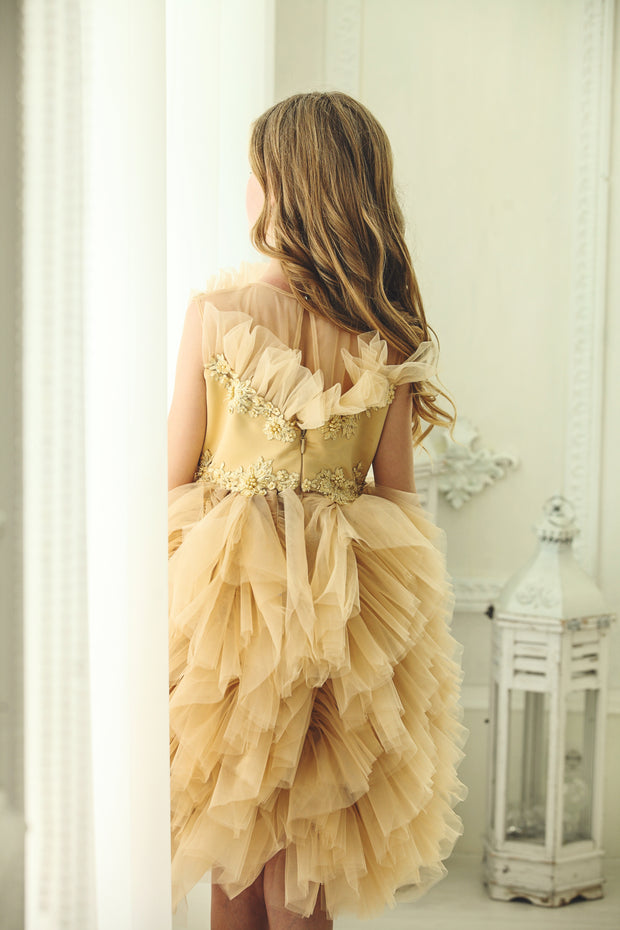 Unique, handmade beige gold girl tulle dress for special occasions, ruffled tulle skirt, ruffled neckline and satin top with flower and pearl embellishments, midi length