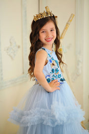 blue girl dress with multi-layer floor length skirt and 3d floral embellishment