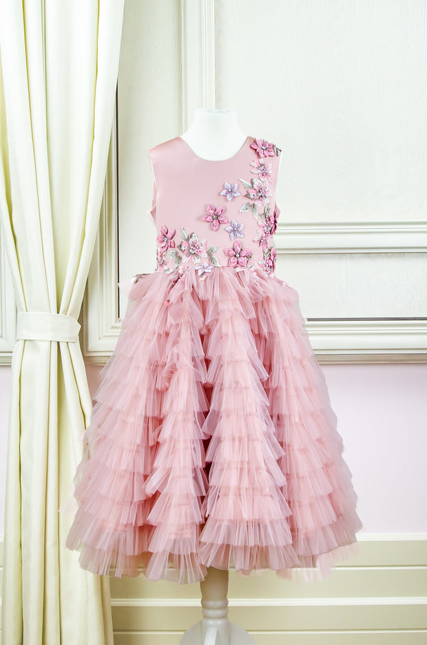 handmade, princess flower girl dress with ruffled tulle layers and floral embroidery