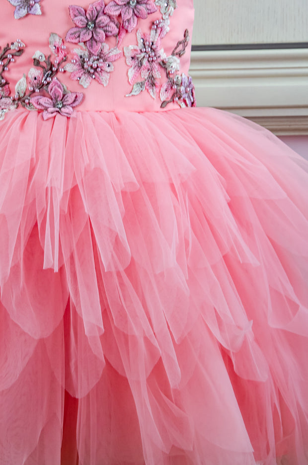 Handmade short pink flower girl dress with a multi-layered tutu skirt and top hand-embroidered with flowers and pearls, for flower girls, fairy costume, birthdays and weddings