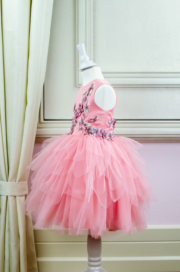 Handmade short pink flower girl dress with a multi-layered tutu skirt and top hand-embroidered with flowers and pearls, for flower girls, fairy costume, birthdays and weddings