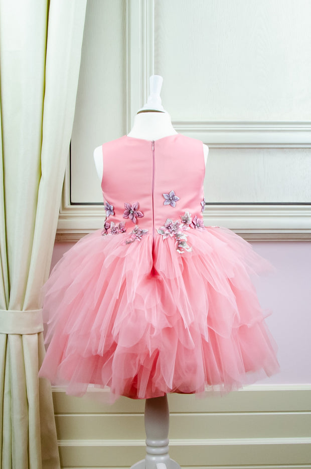 Handmade short pink flower girl dress with a multi-layered tutu skirt and top hand-embroidered with flowers and pearls, for flower girls, fairy costume, birthdays and weddings