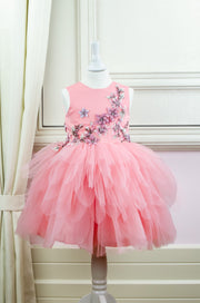 Handmade short pink flower girl dress with a multi-layered tutu skirt and top hand-embroidered with flowers and pearls, for flower girls, fairy costume, birthdays and weddings