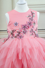 Handmade short pink flower girl dress with a multi-layered tutu skirt and top hand-embroidered with flowers and pearls, for flower girls, fairy costume, birthdays and weddings