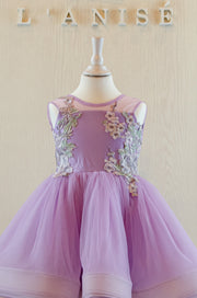 handmade, short, bright purple baby girl party dress, with floral embroidery