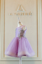 handmade, short, bright purple baby girl party dress, with floral embroidery