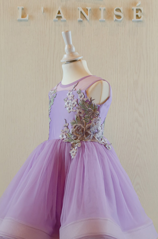 handmade, short, bright purple baby girl party dress, with floral embroidery