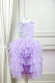 handmade, bright purple flower girl dress with multi-layer tulle skirt and floral embroidery