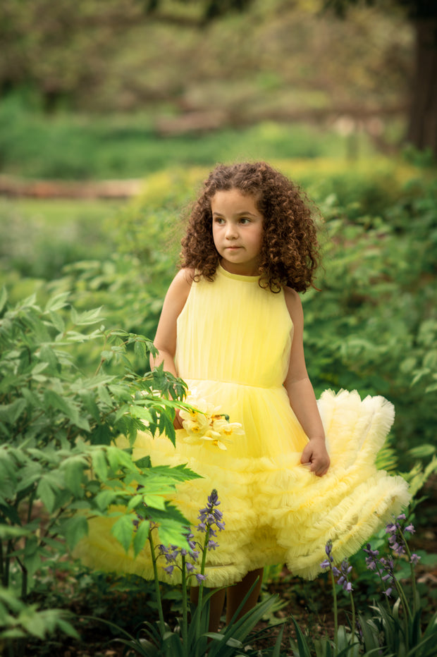 Bright yellow princess dress with a knee-length tulle skirt with ruffles and sleeveless pleated tulle top.