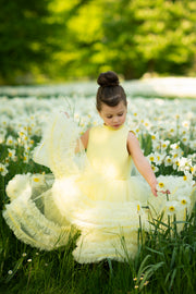 Bright yellow princess dress with a knee-length tulle skirt with ruffles and sleeveless pleated tulle top.