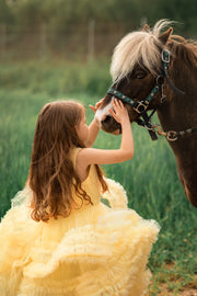 Bright yellow princess dress with a knee-length tulle skirt with ruffles and sleeveless pleated tulle top.