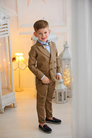 handmade elegant brown ring bearer suit for boys with double buttons, blue shirt and a brown bow tie