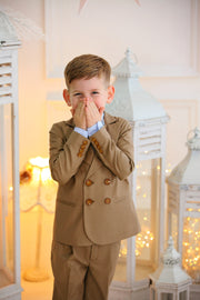 handmade elegant brown ring bearer suit for boys with double buttons, blue shirt and a brown bow tie