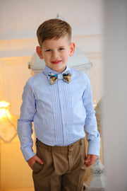 handmade elegant brown ring bearer suit for boys with double buttons, blue shirt and a brown bow tie