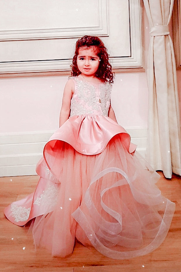 custom made personalised girl birthday dress, long pink tulle gown with asymmetrical tulle skirt, satin train and gold embroidery