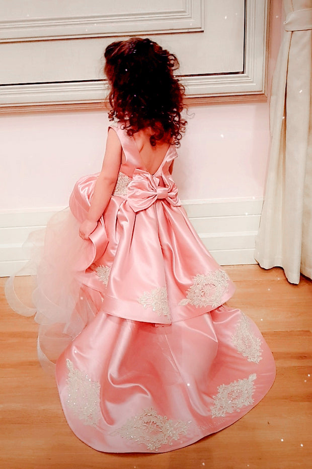 custom made personalised girl birthday dress, long pink tulle gown with asymmetrical tulle skirt, satin train and gold embroidery