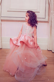 custom made personalised girl birthday dress, long pink tulle gown with asymmetrical tulle skirt, satin train and gold embroidery