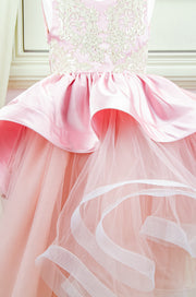 custom made personalised girl birthday dress, long pink tulle gown with asymmetrical tulle skirt, satin train and gold embroidery