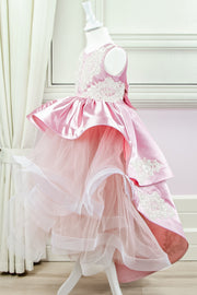 custom made personalised girl birthday dress, long pink tulle gown with asymmetrical tulle skirt, satin train and gold embroidery