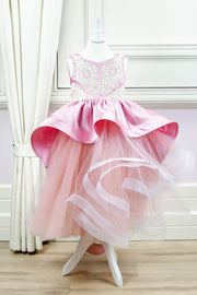 custom made personalised girl birthday dress, long pink tulle gown with asymmetrical tulle skirt, satin train and gold embroidery