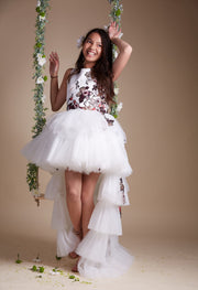 custom made personalised girl dress with a high-low hemline, white tulle skirt and floral sequin embroidery in red and pink