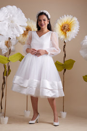 custom made, personalised women's dress, mommy and me, white tulle dress with transparent sleeves and gold embroidery