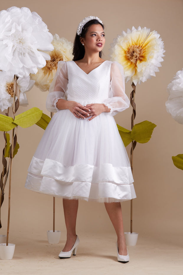 custom made, personalised women's dress, mommy and me, white tulle dress with transparent sleeves and gold embroidery